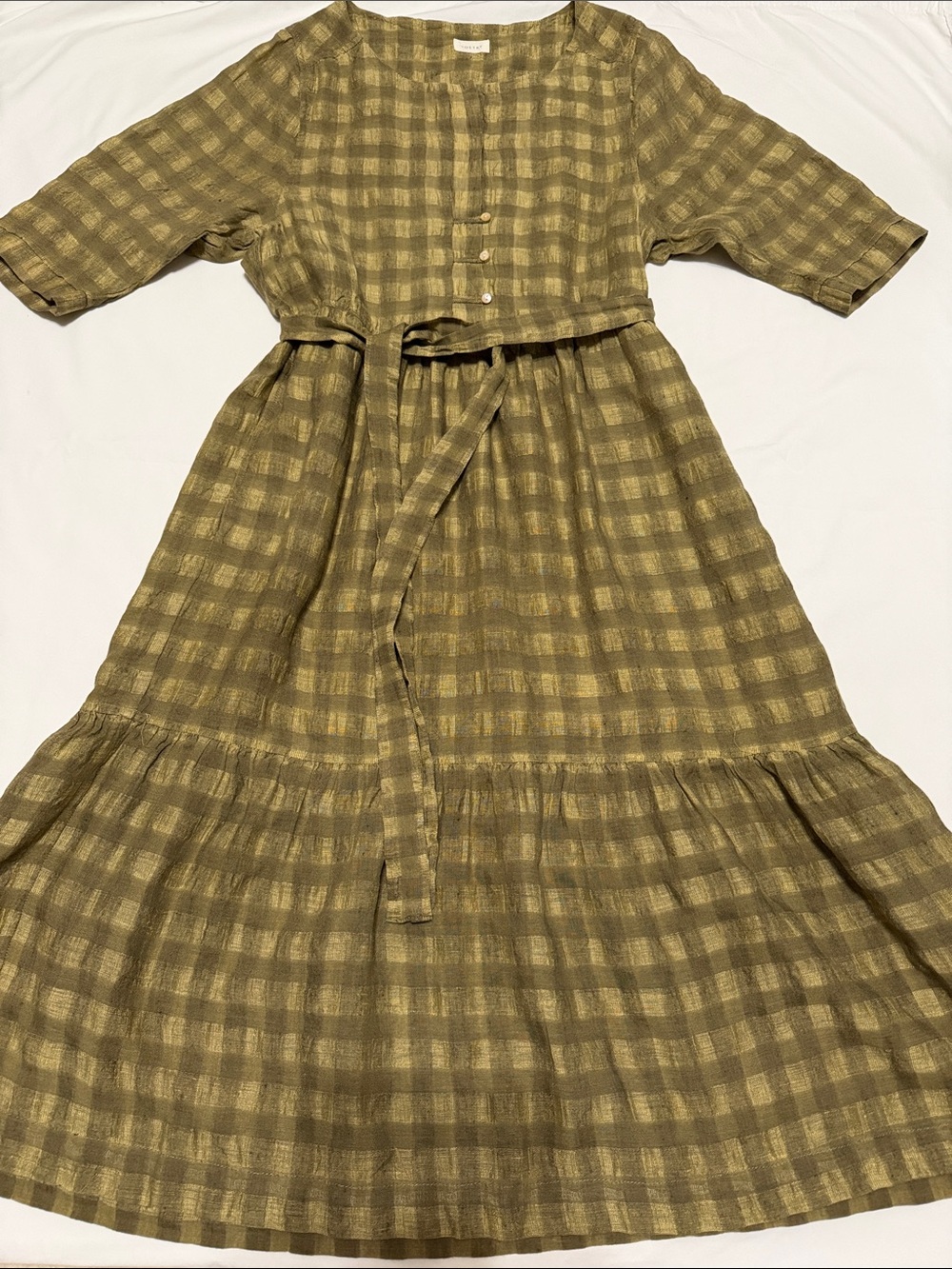 Poetry Olive Green Plaid Midi Tiered Linen&Cotton Dress M